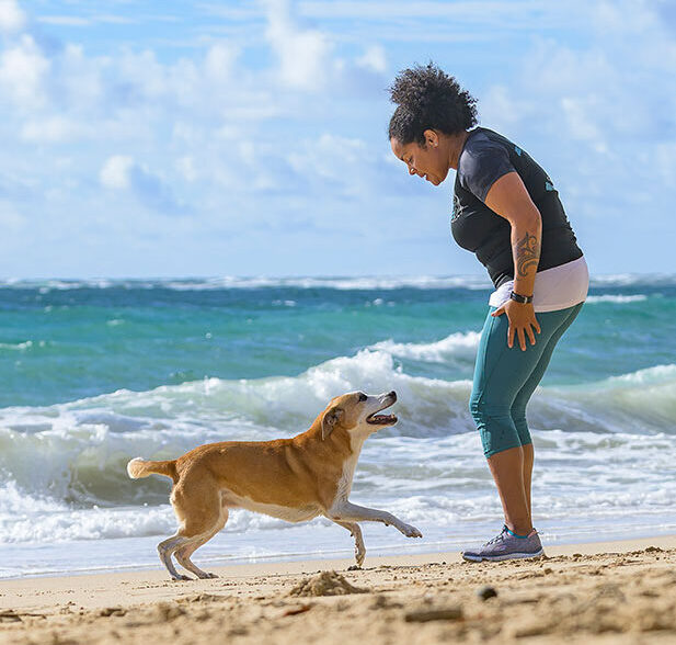 hawaii dog trainer with two dogs on grass